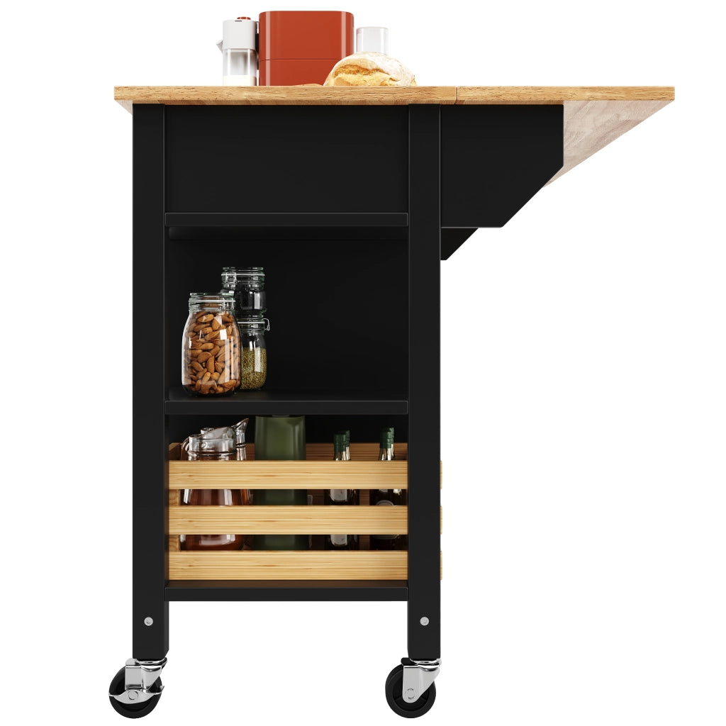Carrello da Cucina con 1 Cassetto; 1 Anta; Piano Pieghevole e Ruote in MDF 120 x 45 x 90 cm Nero Naturale
