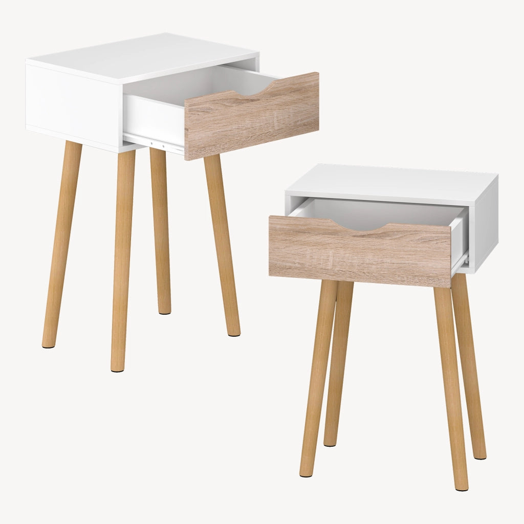 Set Östersund di 2 Comodini con Cassetto - Bianco / Effetto Rovere [en.casa]
