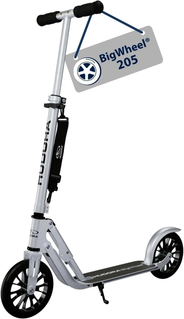 HUDORA Monopattino BigWheel 205 - in alluminio resistente - Monopattino pieghevole regolabile con cavalletto - sportivo per bambini e adulti fino a 100 kg - nero/rosso