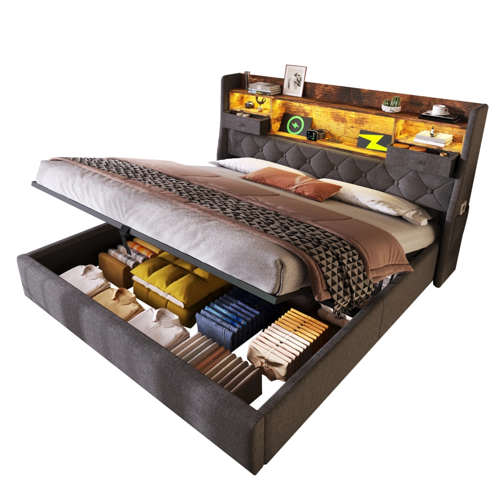 Letto matrimoniale 160x200 cm in lino grigio con contenitore idraulico; LED e porte USB
