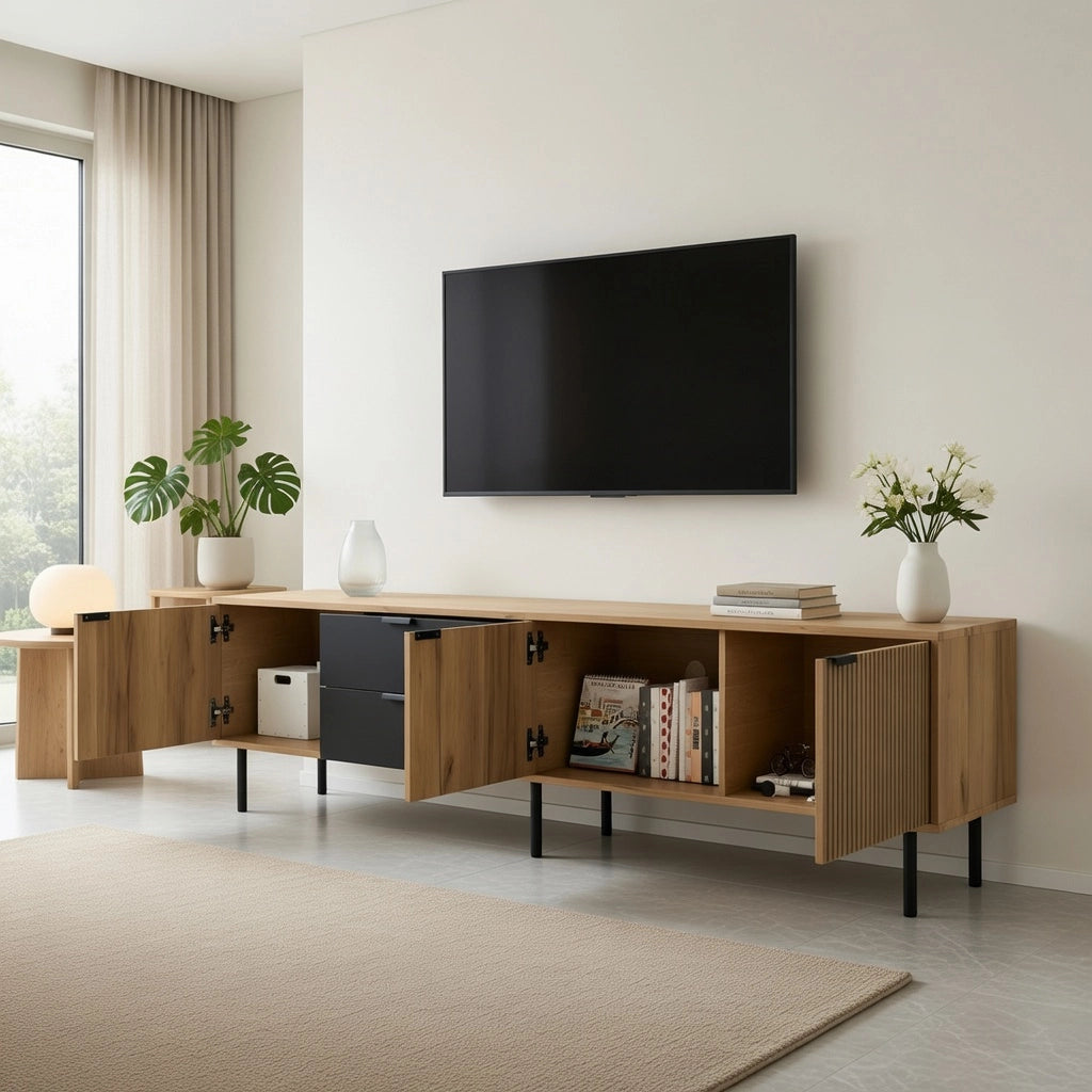 Cassettiera per TV nera e naturale in truciolare lunga 208 cm