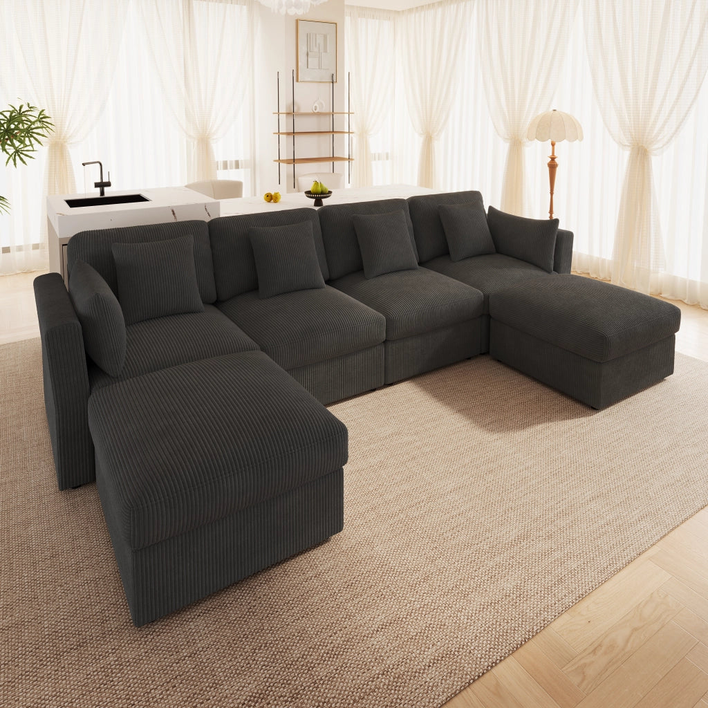 Divano modulare a U con braccioli regolabili e poggiatesta, due pouf scorrevoli in velluto a coste grigio 290 × 159,5 × 89 cm