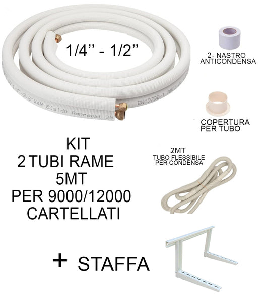 KIT tubi rame 5 Mt Cartellati + Staffa montaggio climatizzatore 9000/12000  1/4 - 1/2  raccordi tubo condensa condizionatore