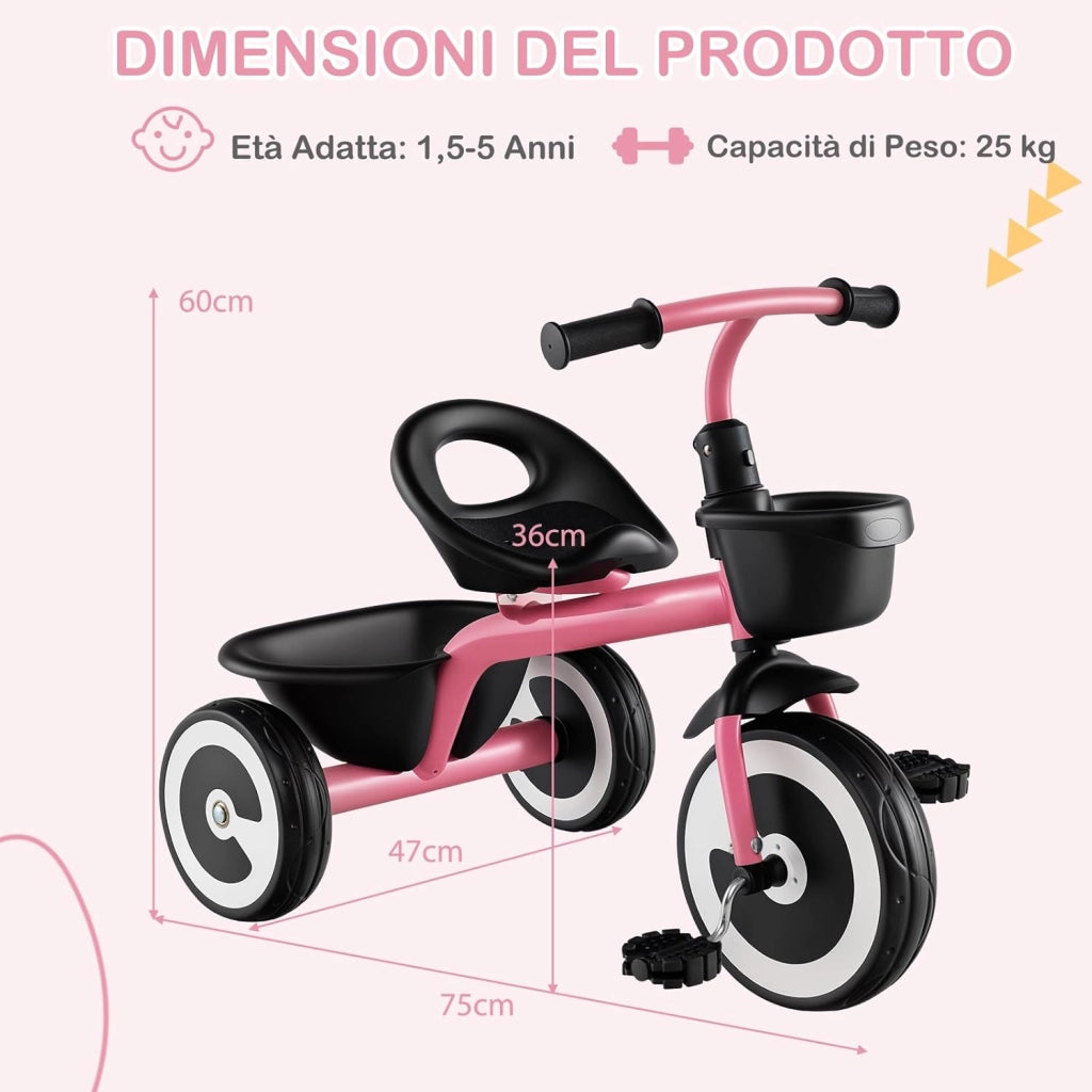 Triciclo per Bambini, Trike con Sede Regolabile Cestini Anteriori e Posteriori, Bicicletta a 3 Ruote con Telaio in Ferro Carbonioso di Alta Resistenza, per Bambini 1,5-5 Anni (Rosa)