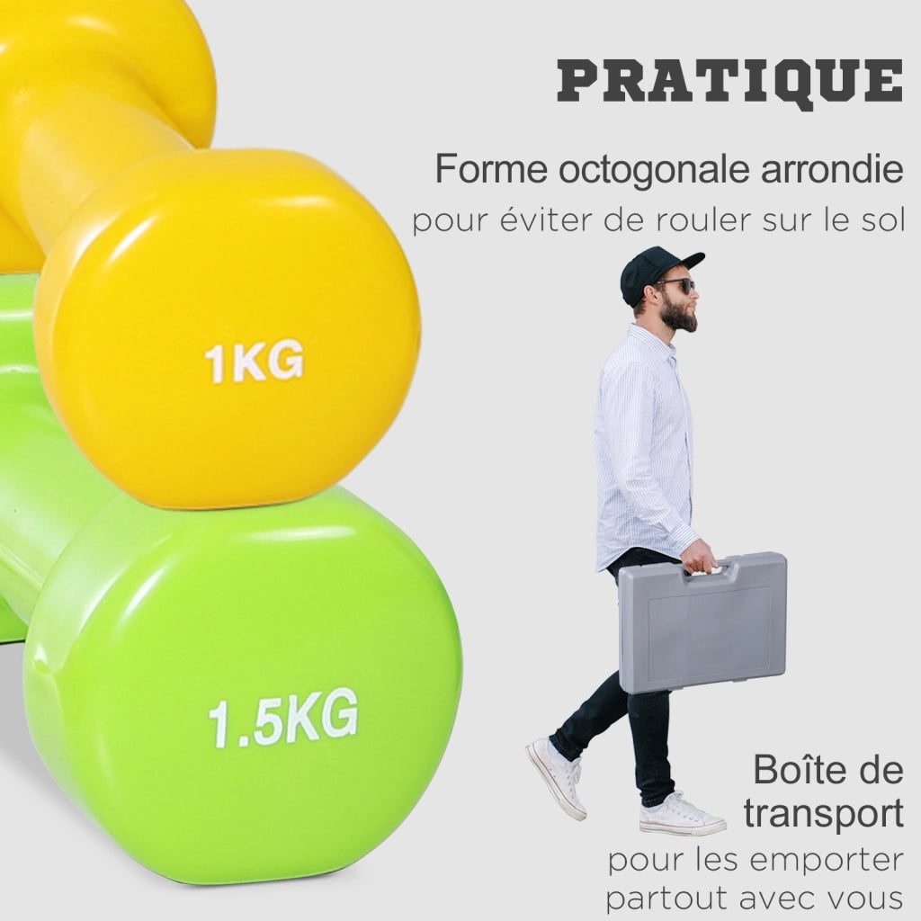 Set Manubri 10 Kg ¨C Xylo ¨C 0,5/1/1,5/2 Kg con Valigetta Metallo PU Multicolore