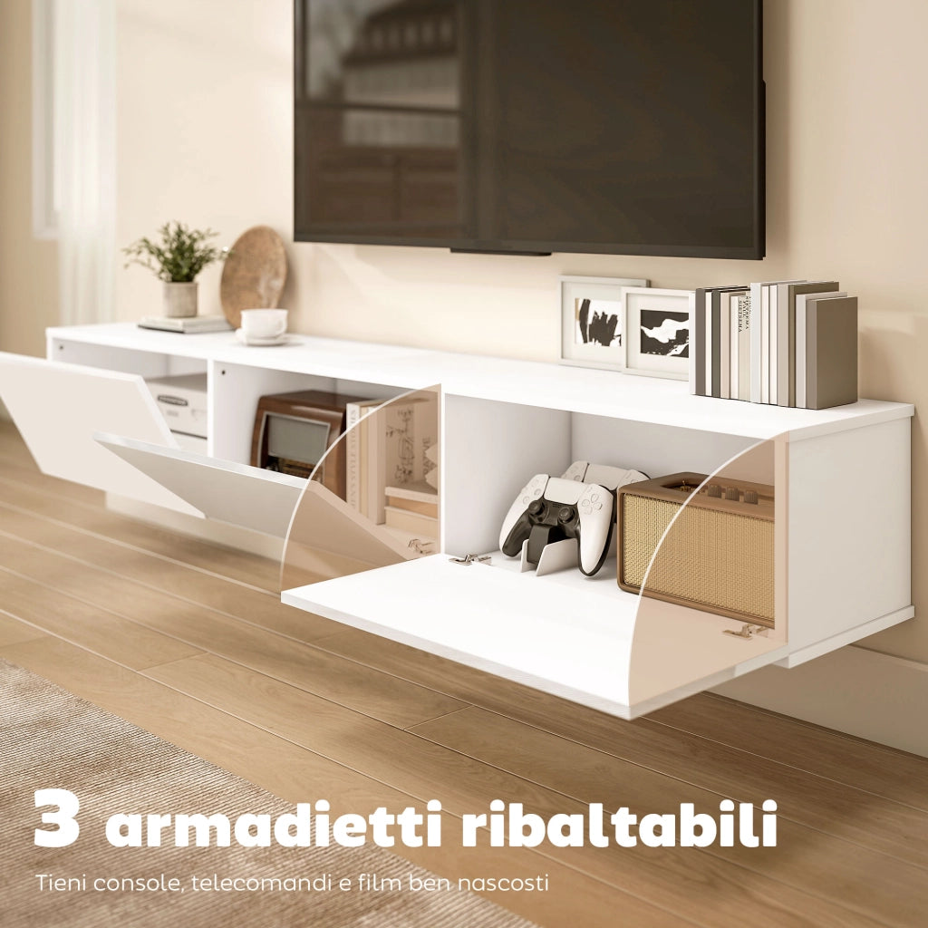 Mobile Porta TV fino a 82" Sospeso con 3 Armadietti a Ribalta e Ante Soft Close-Credenza  per TV,Bianco