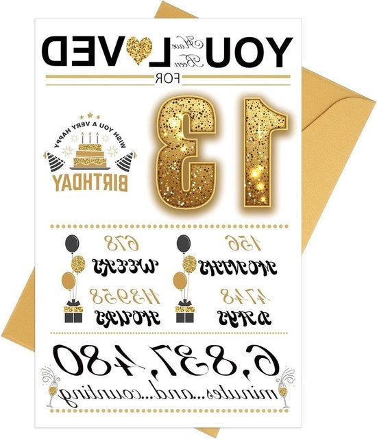 Carta di auguri per il 13° compleanno - Buone Feste - Ragazza Ragazzo Donna - Carta di auguri - Busta - Regalo - Amico - Decorazioni di compleanno - Tonazione dorata