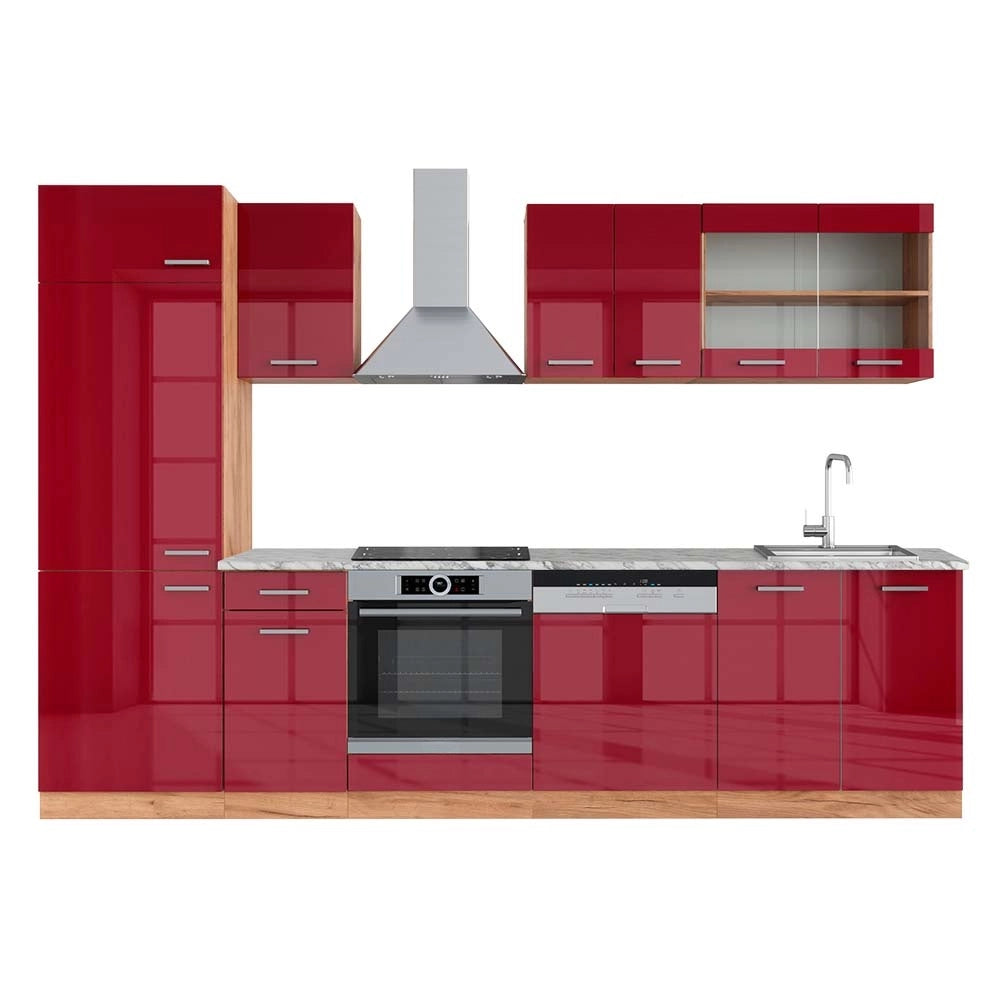 Cucina componibile R-Line Rosso lucido/Rovere dorato 300 cm, PL Marmo Vicco