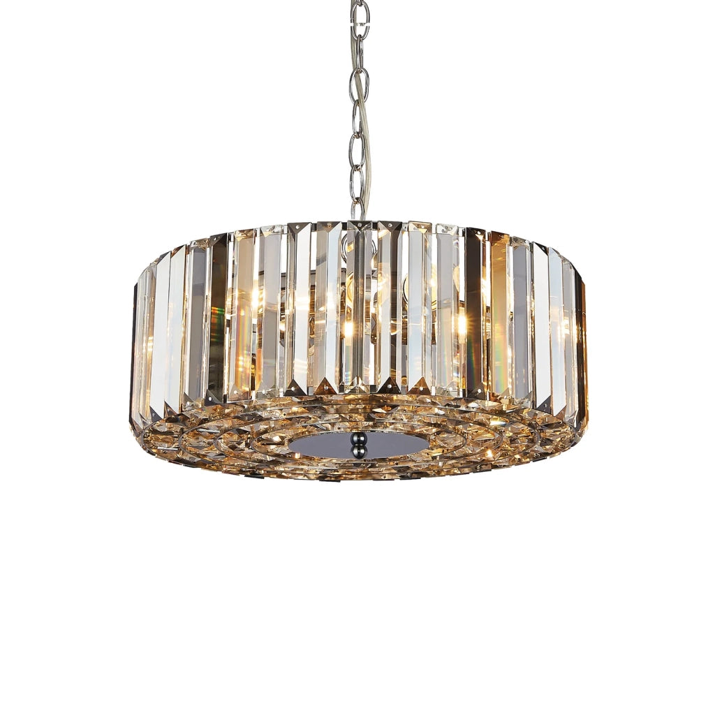 Lampadario Contemporaneo Chapeau Acciaio Cromo Vetro Ambra 5 Luci E27