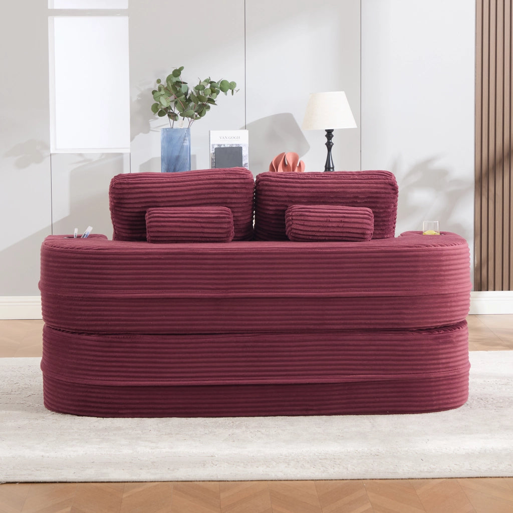 Fauteuil convertible 2 in 1 in cord con doppio portabicchieri, schienale alto e seduta extra profonda vinaccia
