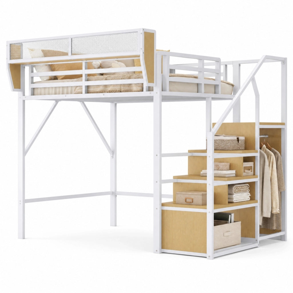 Letto a soppalco 140x200 cm in metallo con scala di sicurezza e ripiano flessibile; bianco