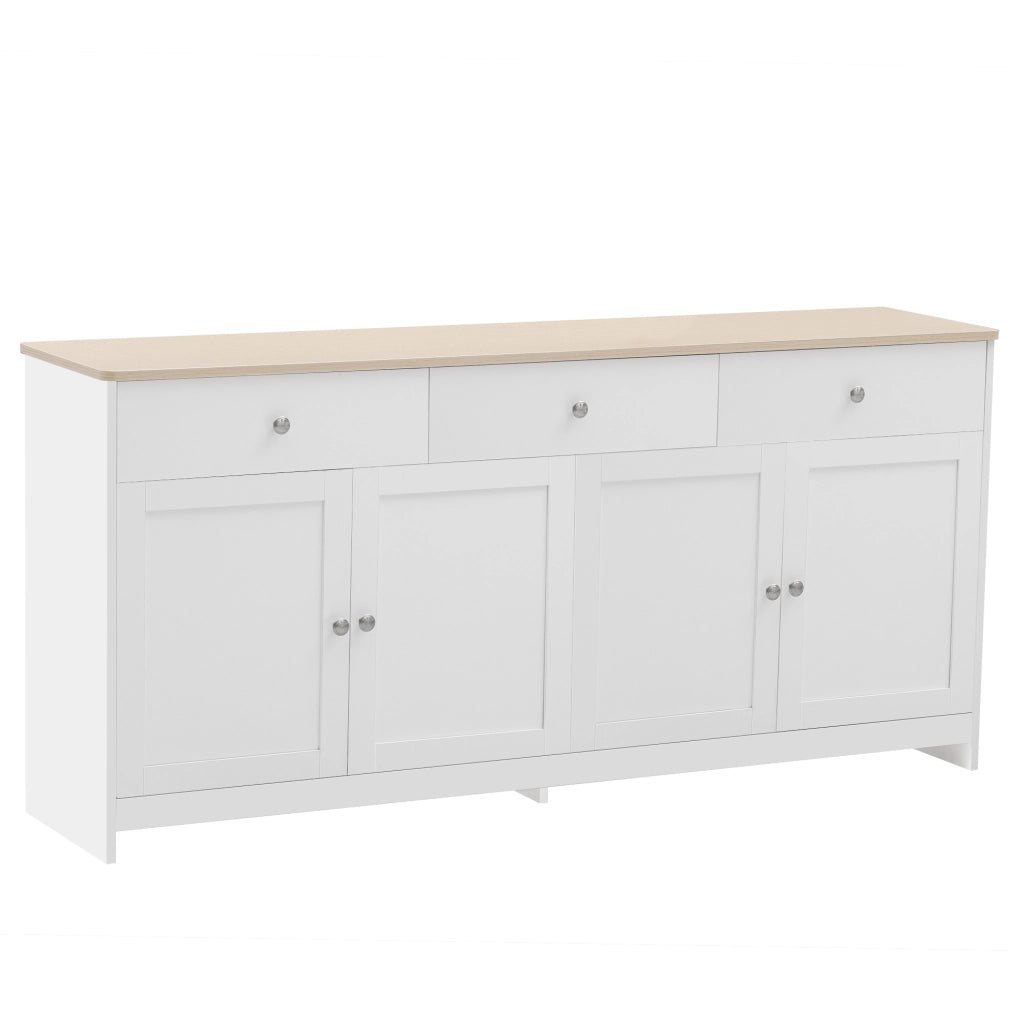 Credenza 160x37x75 cm con 3 cassetti; 4 ante e ripiani regolabili in MDF bianco e naturale