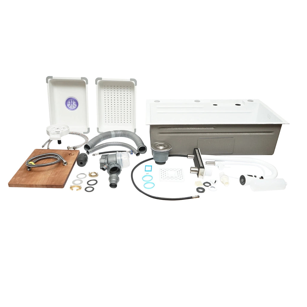 Lavello da cucina multifunzionale in acciaio inox con due rubinetti, funzione cascata, lavapentole, dispenser di sapone, scolapiatti, vassoio, tagliere e accessori di scarico inclusi, dimensioni 75x46x23,5 cm.