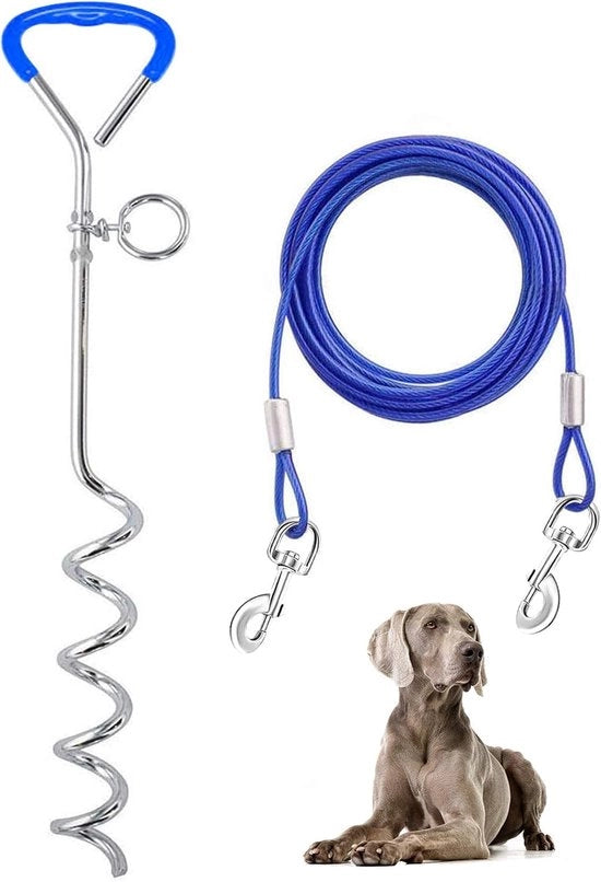Cavo e palo per cani, esterno, giardino e campeggio, per cani di taglia media a grande fino a 57 kg, palo 16", corda da traino 32/30/25/20/16/15/10/6 m con molla resistente e ganci metallici per esterno (9,1 m) - blu