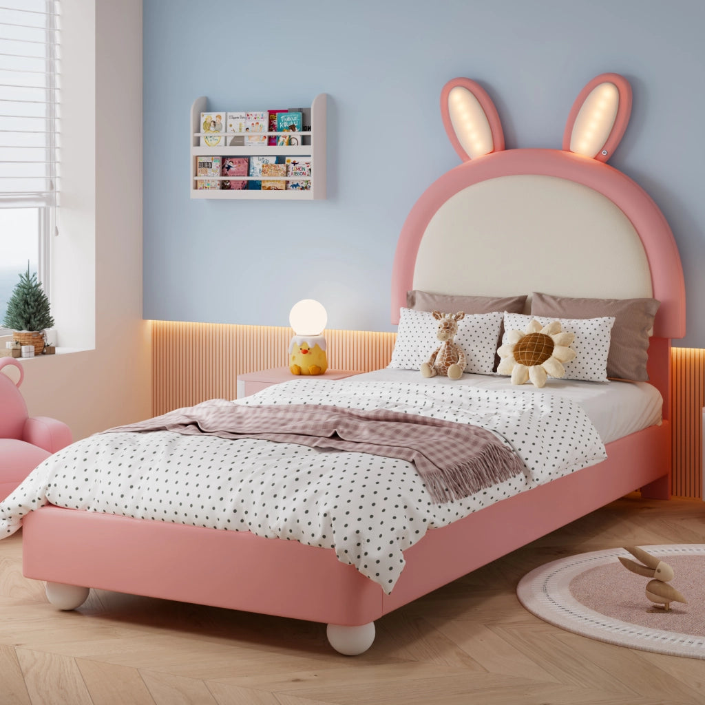 Letto imbottito per bambini con testiera a coniglio e LED, 90x200 cm, rosa/bianco