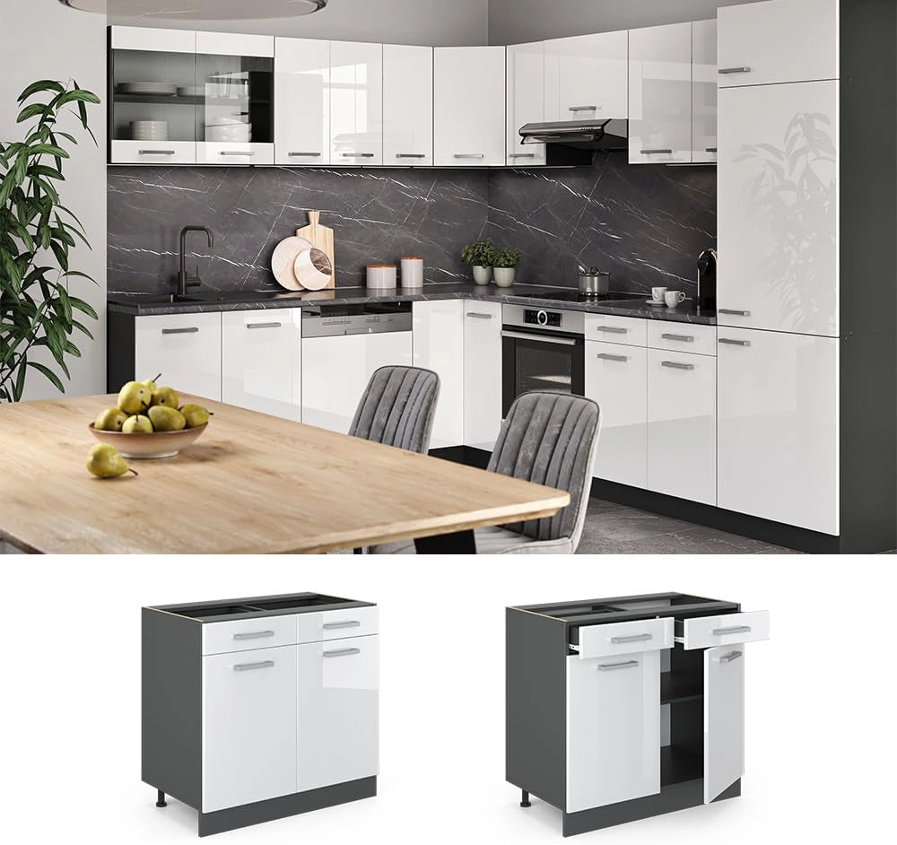 Mobiletto base per cucina R-Line, Bianco lucido, 80 cm senza piano di lavoro, per la libera combinazione all'interno di sistemi cucina modulari