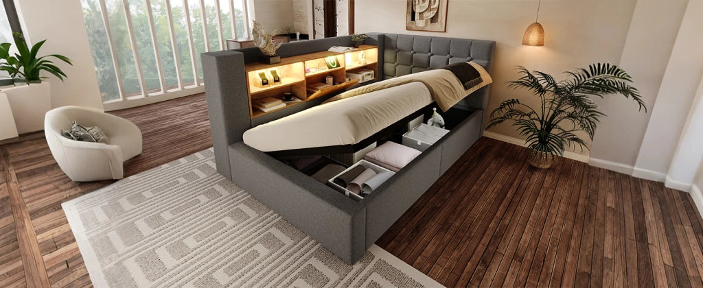 Letto singolo imbottito 90x190 cm con LED, contenitore idraulico, testiera L reversibile, grigio