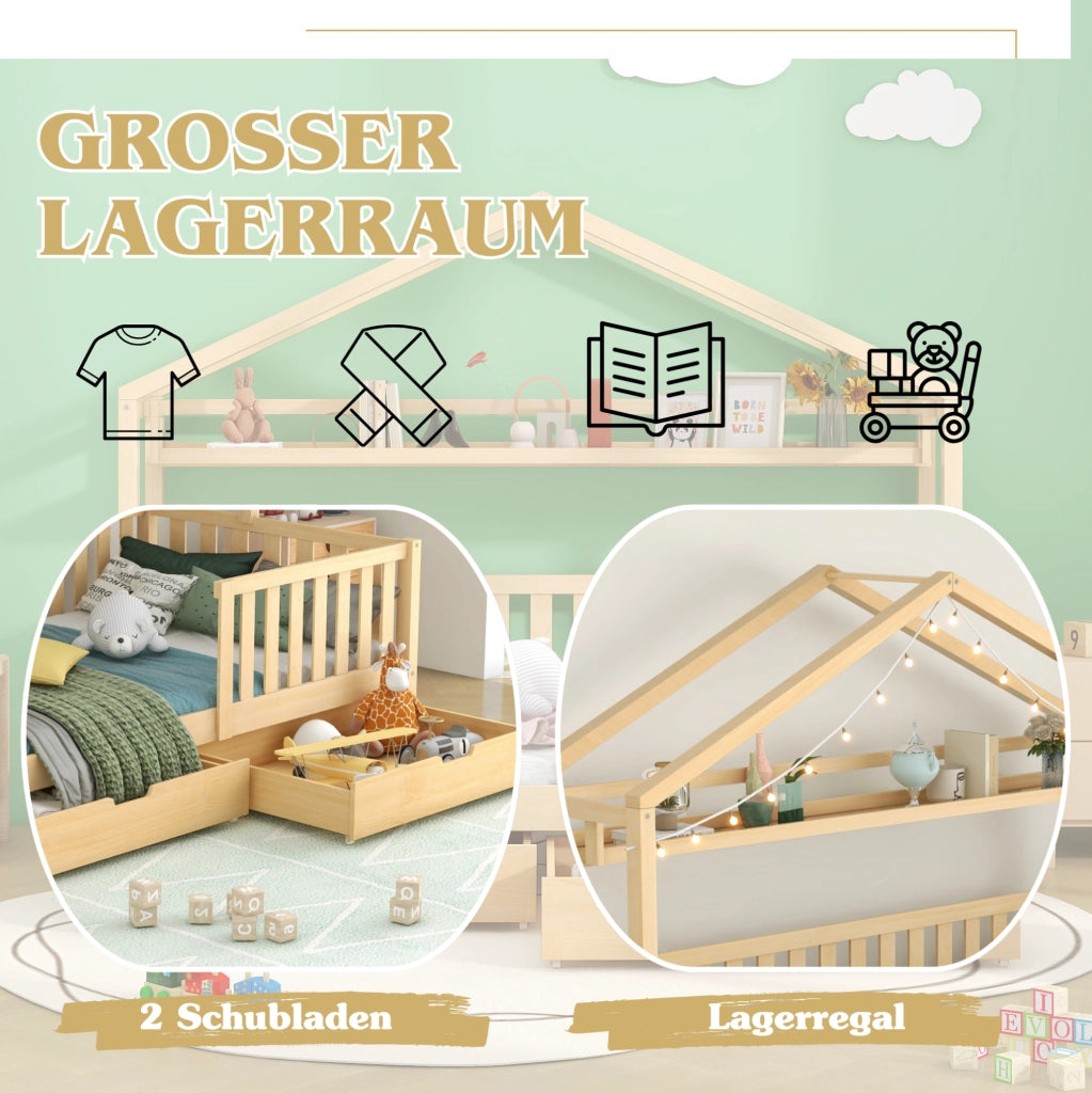 Lettino a casetta per bambini con 2 cassetti e scaffale; 90x200 cm; legno naturale
