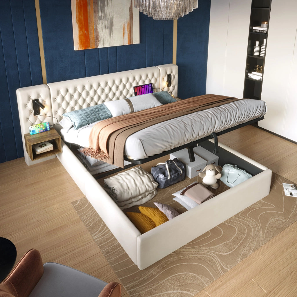 Letto matrimoniale contenitore 160x200 cm beige con comodini