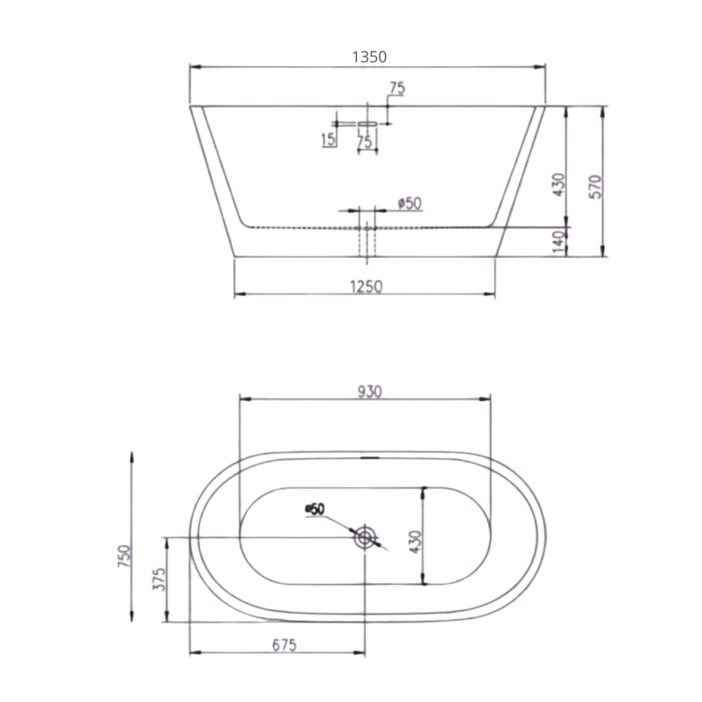 Vasca da bagno free standing ovale acrilico bianco lucido 138 x 57 x 75 cm