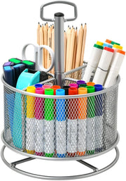 Organizzatore per ufficio da scrivania a rete, penna multifunzione girevole 360 gradi, 4 contenitori, astuccio per ufficio domestico, astuccio per ufficio (argento)