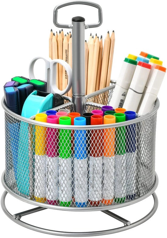 Organizzatore per ufficio da scrivania a rete, penna multifunzione girevole 360 gradi, 4 contenitori, astuccio per ufficio domestico, astuccio per ufficio (argento)