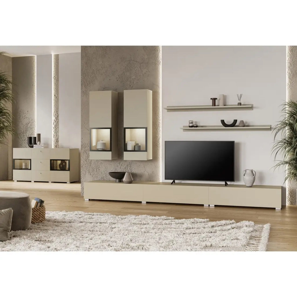 Buffet RAMOS 130 cm – Beige chiaro – LED multicolori integrate – 2 porte in vetro e 3 cassetti