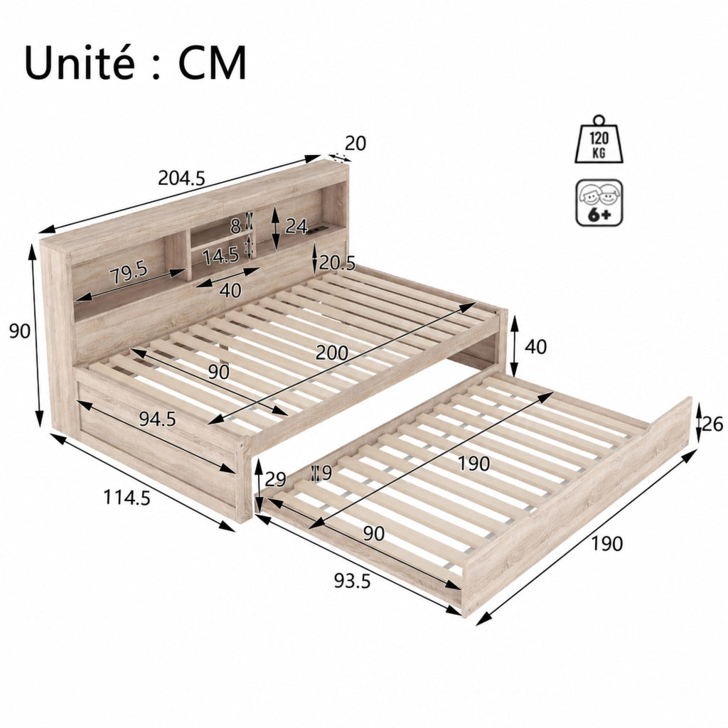 DESMIU Divano letto 90 × 200 cm 1 posto con letto estraibile, LED, prese USB e vano laterale, senza materasso, naturale
