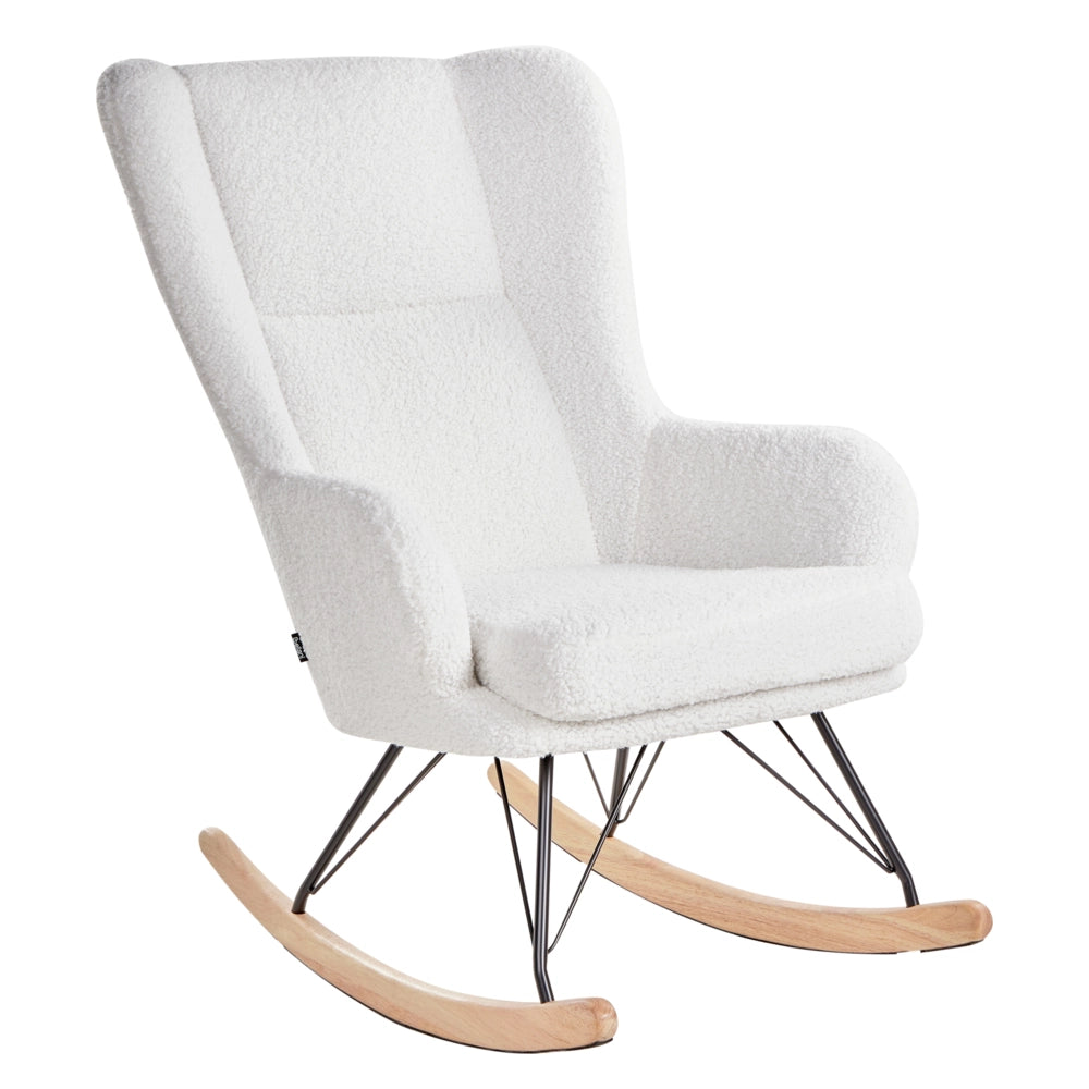 Sedia a dondolo Rivestimento in bouclé bianco sporco Gambe nere in metallo con braccioli Schienale alto Soggiorno