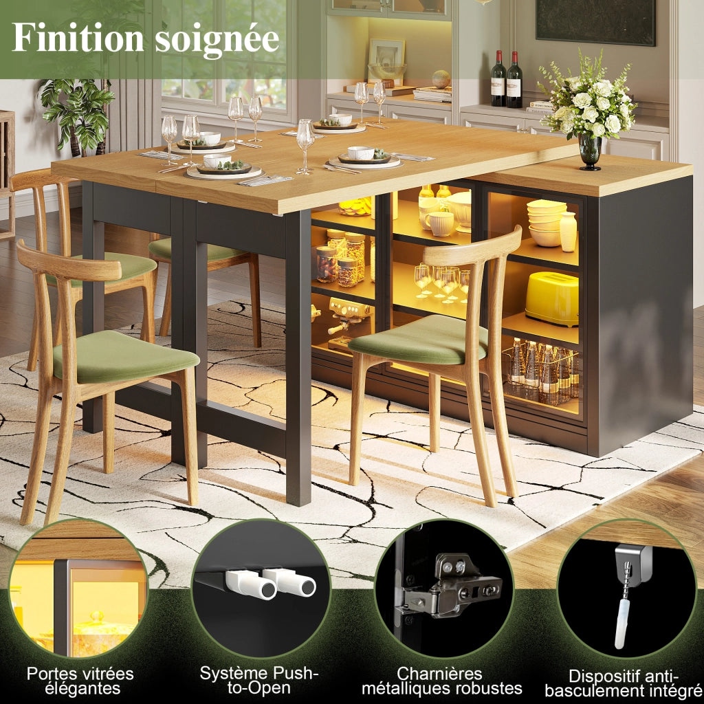 mobile contenitore multifunzione con tavolo da pranzo estensibile; ante in vetro push-to-open; per cucina e sala da pranzo