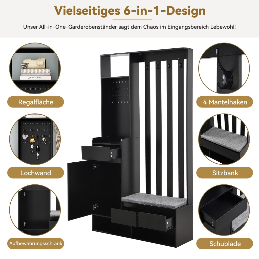 Mobile d'Ingresso con Panca Imbottita; Pannello Forato; 4 Ganci e 1 Cassetto; Stile Moderno; in MDF; 100??35??180 cm; Nero
