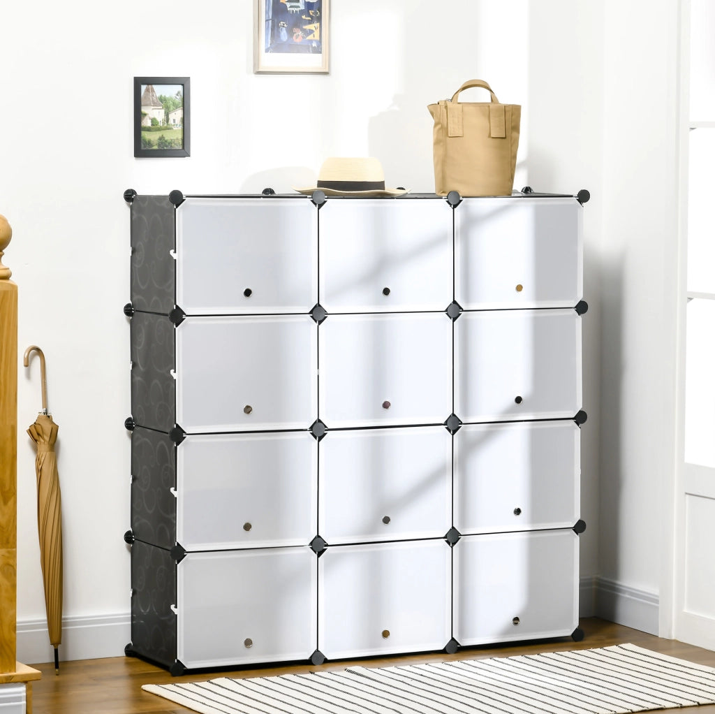 Scarpiera modulare ULEVR 125x32x125 cm con 12 cubi e ante rimovibili, plastica nera e bianca