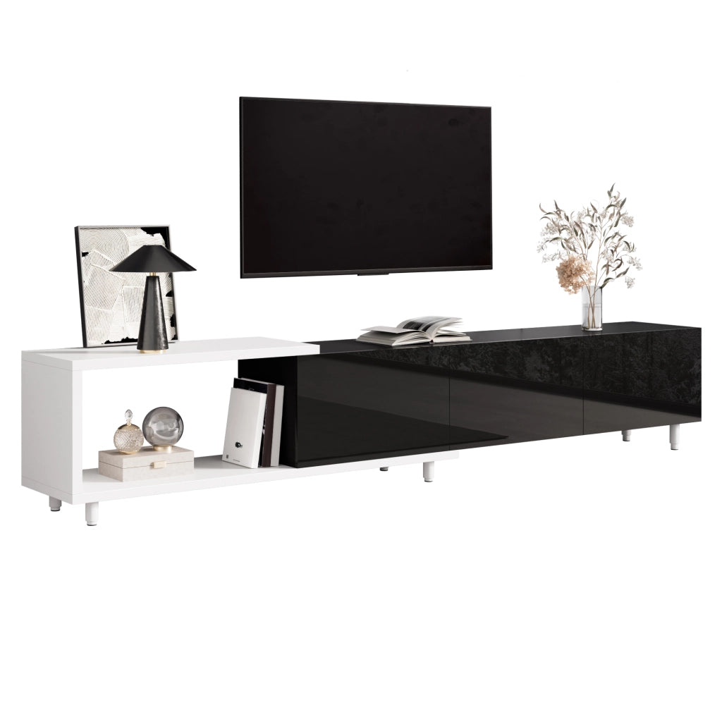 Mobile TV allungabile con 3 ante e vani aperti - per soggiorno - in truciolare e MDF - 258×38×48.5 cm - nero e bianco