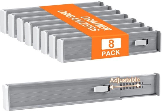 Set di 8 divisori di cassetto regolabili (32,6-56 cm) Divisori di cassetto in plastica, organizzatore di armadio, divisori di cassetto per la cucina, la camera da letto, l'armadio, grigio chiaro