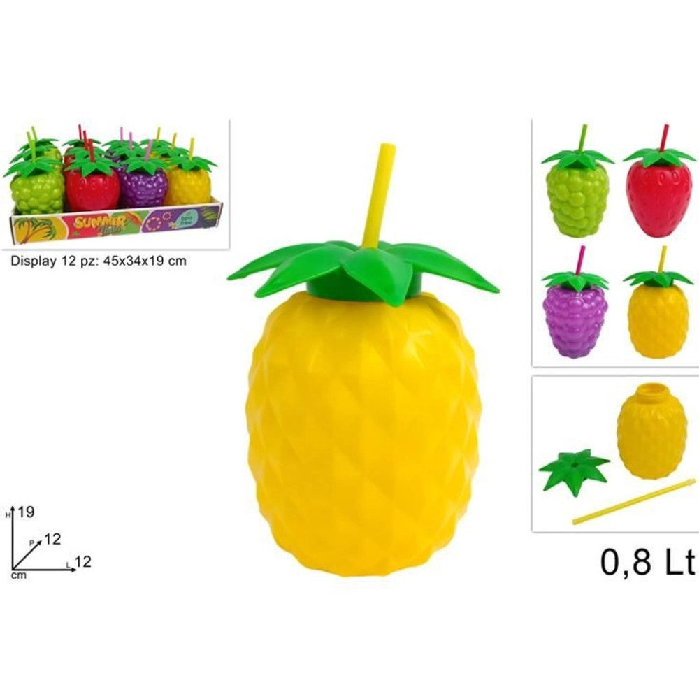 Trade Shop - Bicchiere Ananas Con Cannuccia 0,8l – Borraccia Estiva In Plastica Colorata Per Party E Bambini -