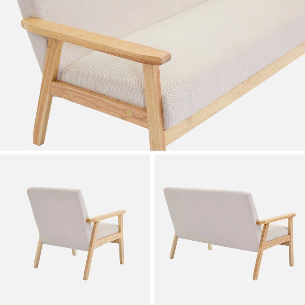 Set panca e poltrona in velluto a coste, 3 posti, crema