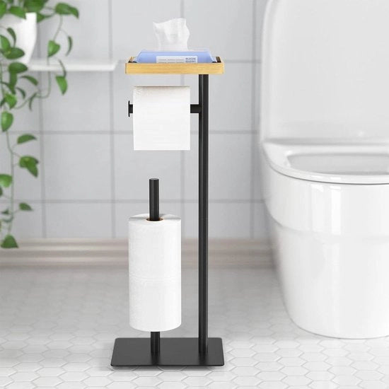 Dispensatore per carta igienica - Raccoglitore per rotoli - Organizzazione bagno - Con pannello di bambù - Spazio per 4 rotoli - Nero