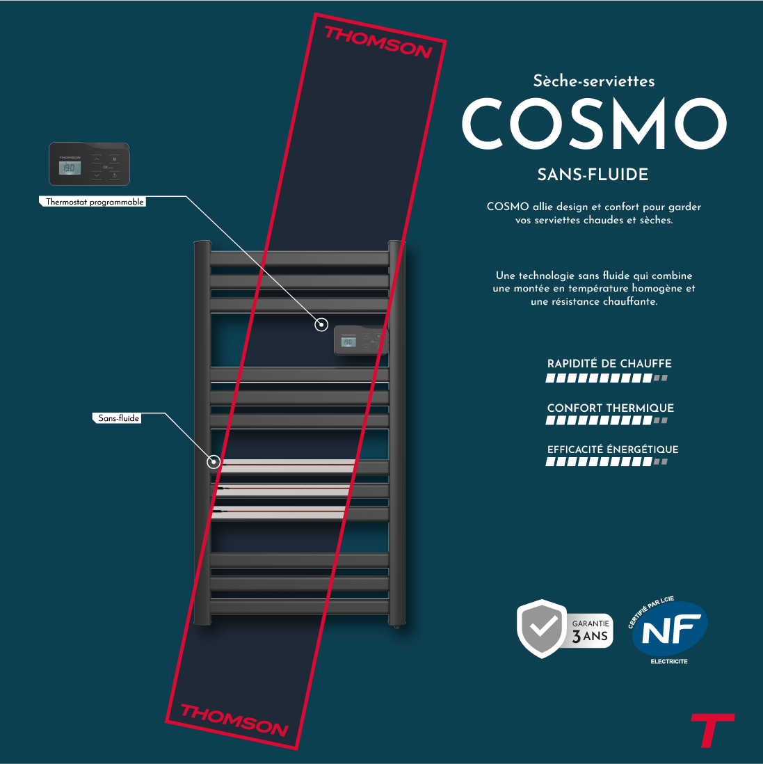Scaldasalviette elettrico Thomson senza fluido, connesso al WiFi, con ventola da 500 W, nero cosmo