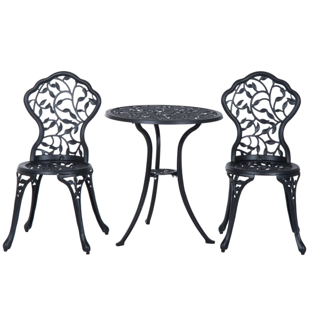 Set da Giardino 3 Pezzi con 2 Sedie da Esterno e Tavolo Rotondo in Alluminio, Nero