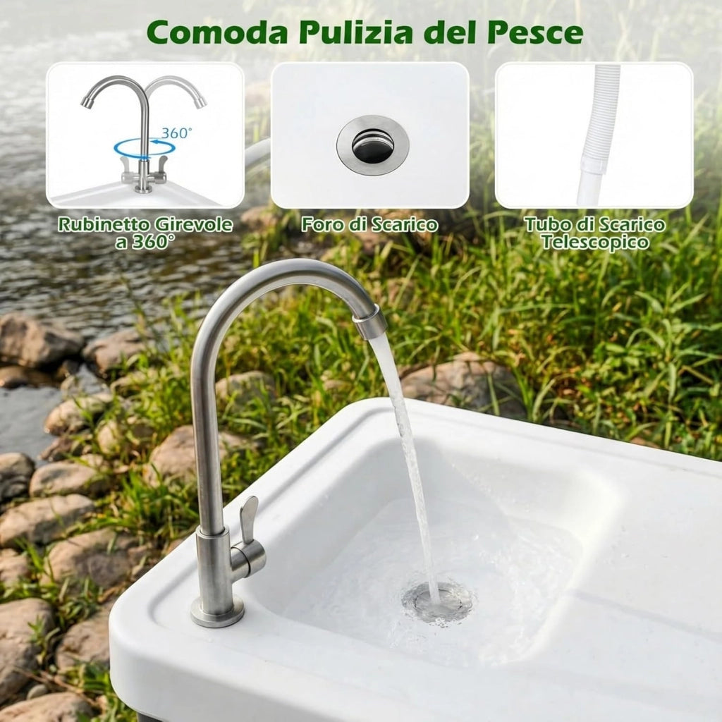 Tavolo da Campeggio con Rubinetto e Lavandino, 104 x 59 cm, Tavolo Pieghevole e Portatile per Lavaggio e Preparazione di Cibi, Pesca e Verdure, per Picnic, Spiaggia, Cortile e Giardino