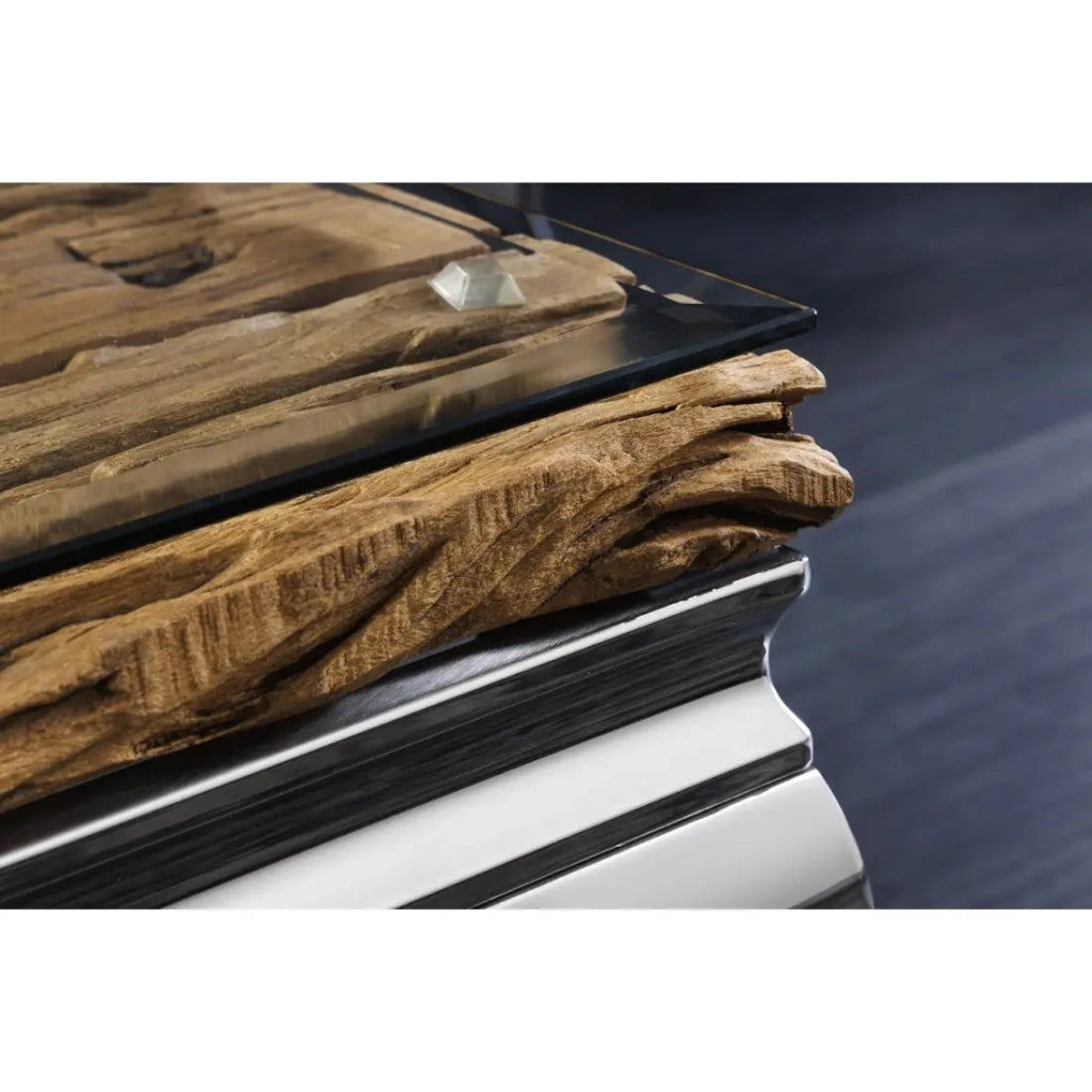 Tavolino basso VELENA 100 cm in teak con vetro temperato – Piedi cromati design barocco