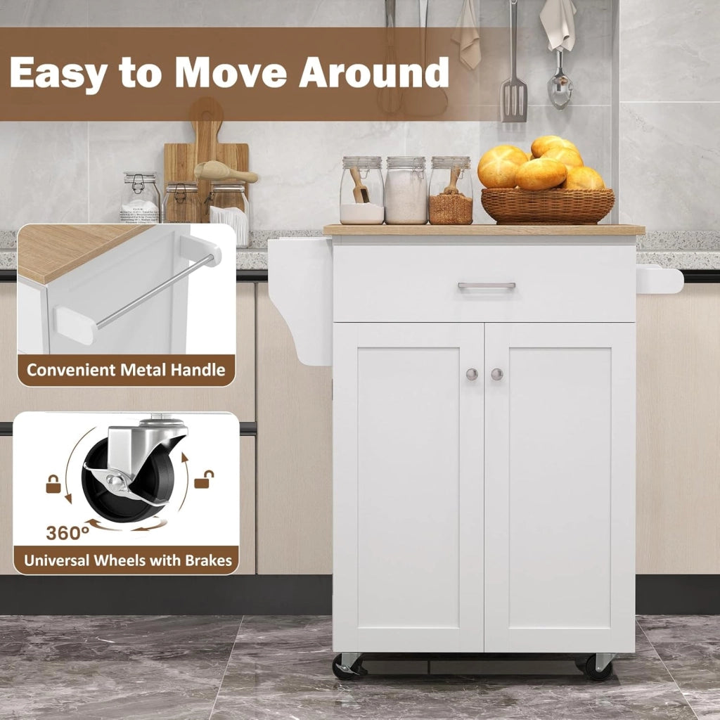 Carrello Portavivande con Cassetto, Portaspezie e Portasciugamani, Carrello Cucina con Ruote, Isola con Ripiano Regolabile per Sala da Pranzo, 83 x 48 x 91 cm, Bianco