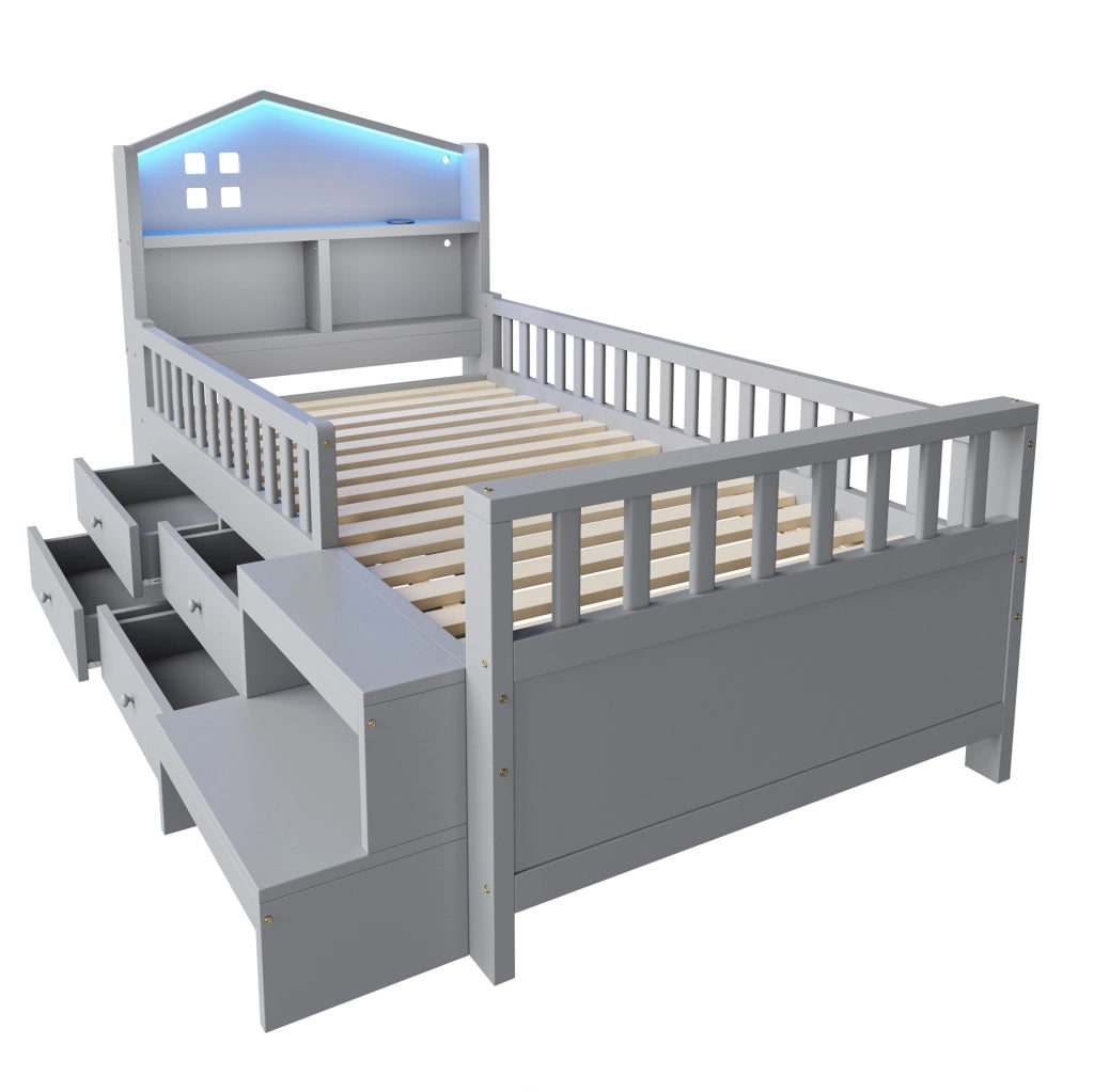 Letto per bambini 90x200 cm con 4 cassetti, LED, USB e USB-C grigio