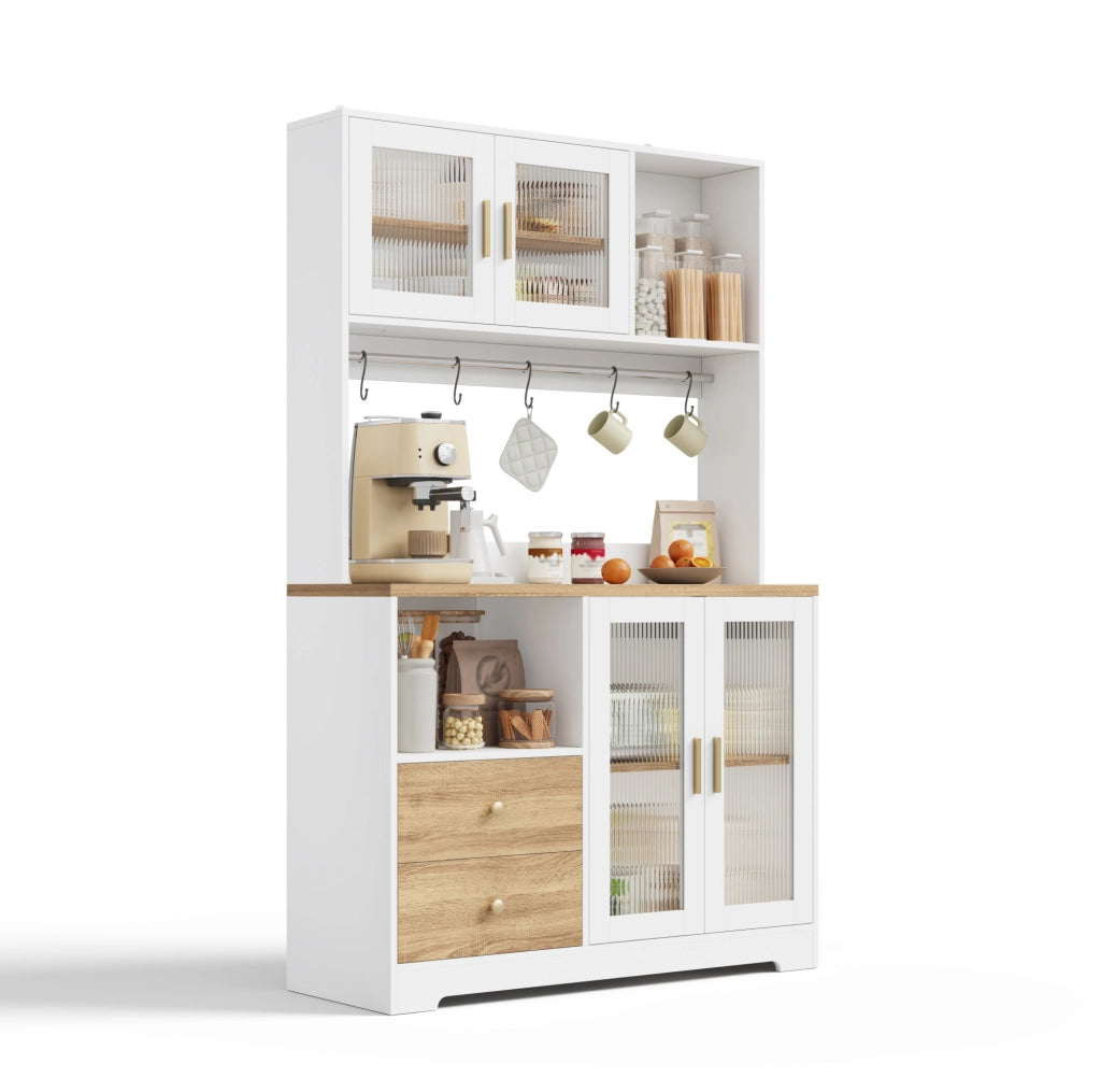 Credenza cucina 110x40x178 cm con LED e prese; vetri temperati; MDF naturale e bianco