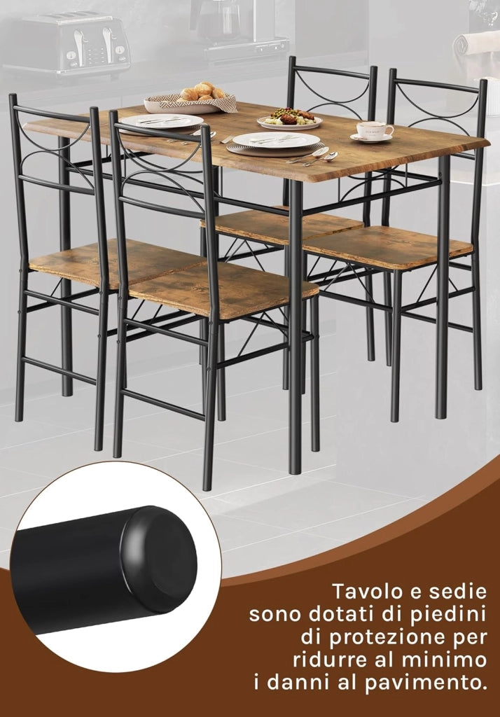 Set da Pranzo per 4 Persone, Tavolo Industriale con 4 Sedie, MDF e Struttura in Metallo, Facile da Montare e Pulire,Marrone Rustico + Nero