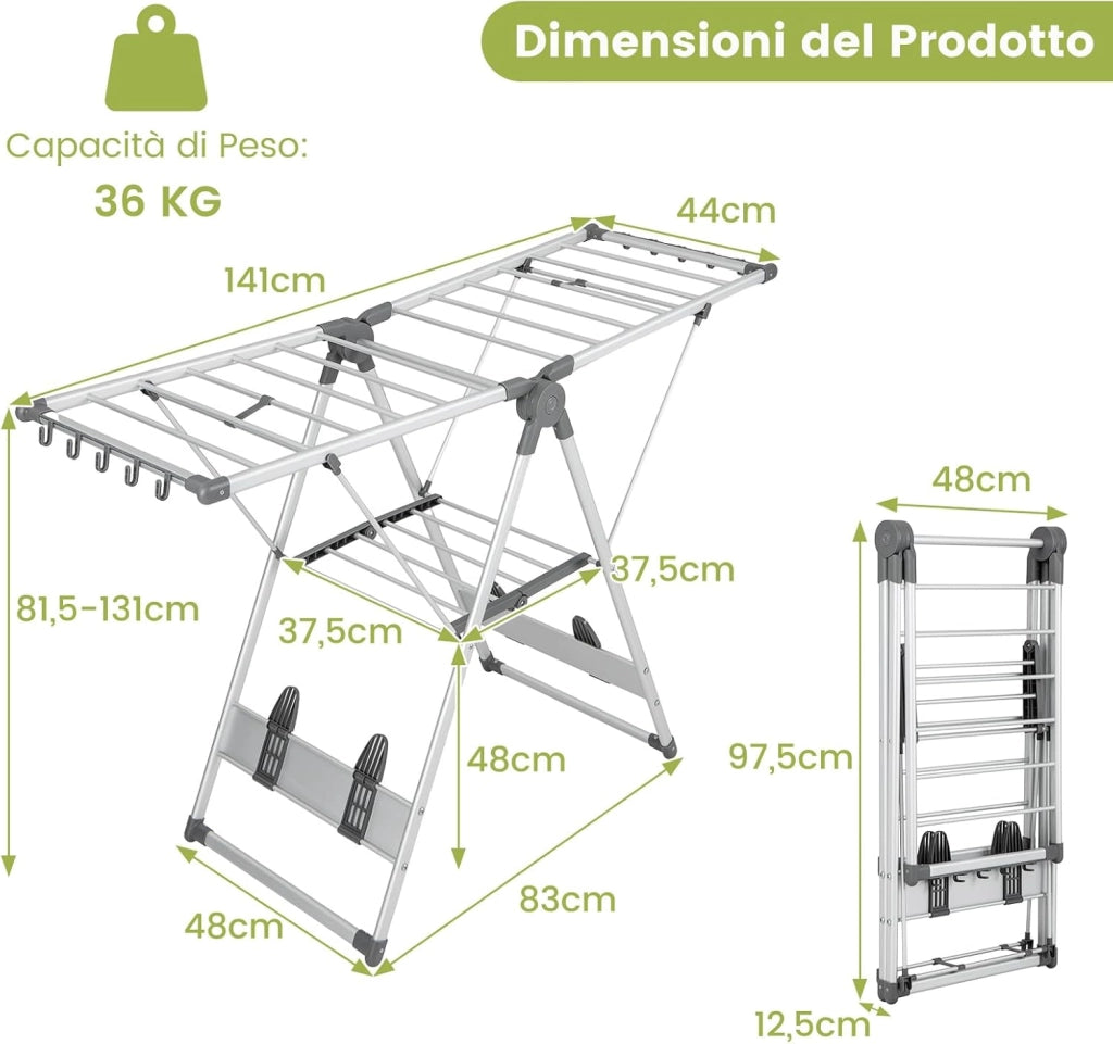 Stendibiancheria Pieghevole a 2 Livelli in Alluminio, Stendino Pieghevole con Altezza Regolabile a 5 Livelli, 21 Bacchette, 10 Mollette Laterali, 4 Supporti per Scarpe, Interni ed Esterni