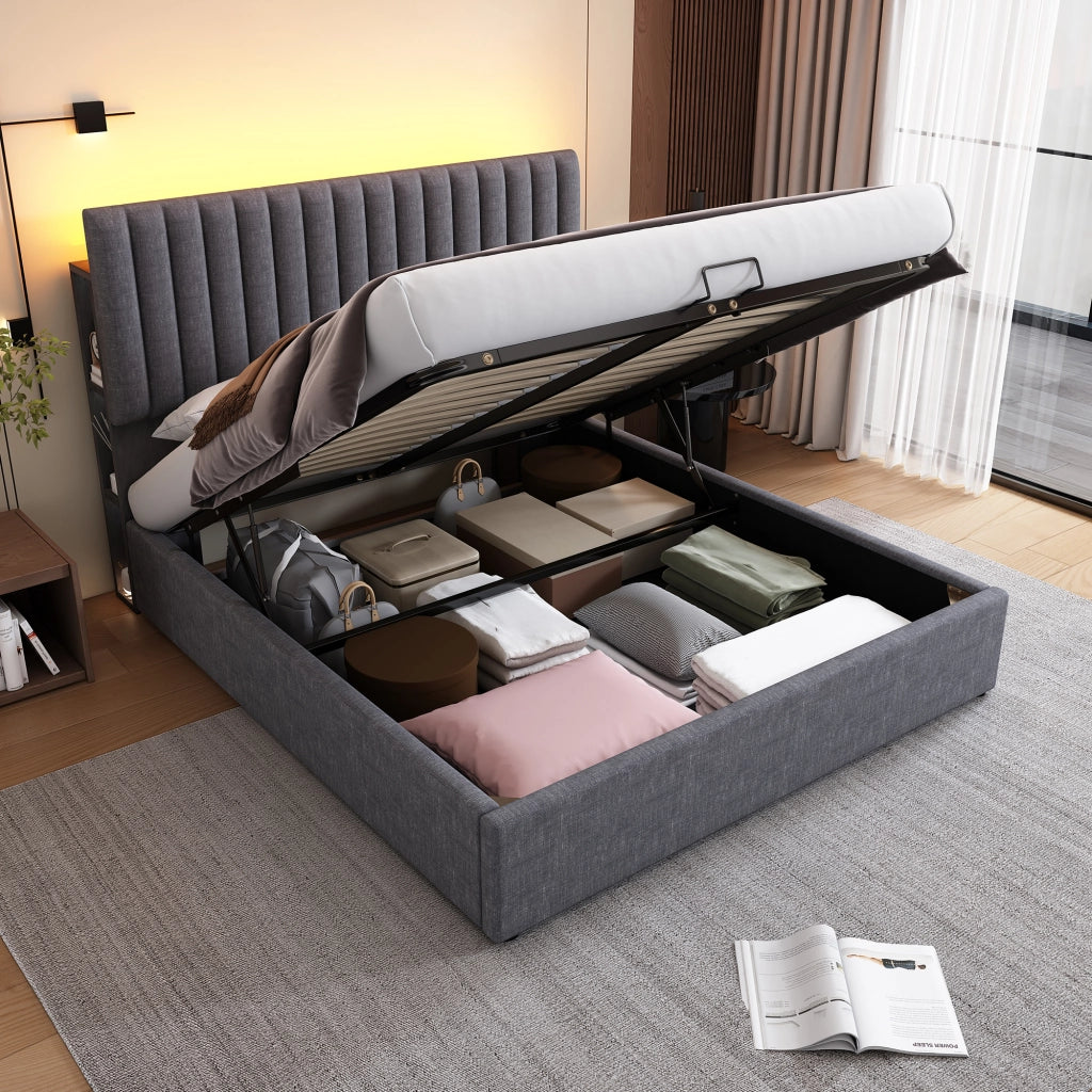 Letti contenitori 160x200 cm con contenitore e LED; lino; grigio (Senza materasso)