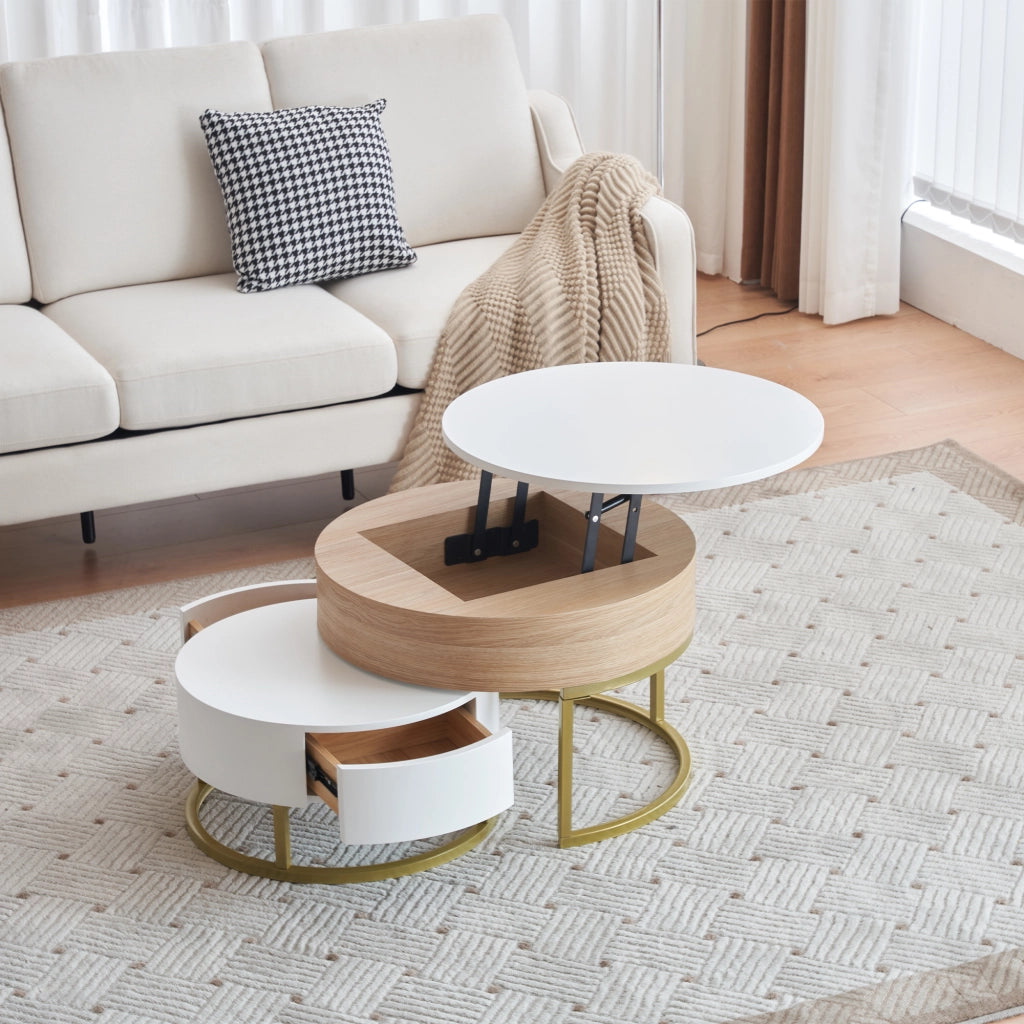 Tavolini da Salotto Impilabili con 2 Cassetti e Piano Sollevabile; Bianco Lucido; in MDF; Bianco; 70×70×42/56;5 cm