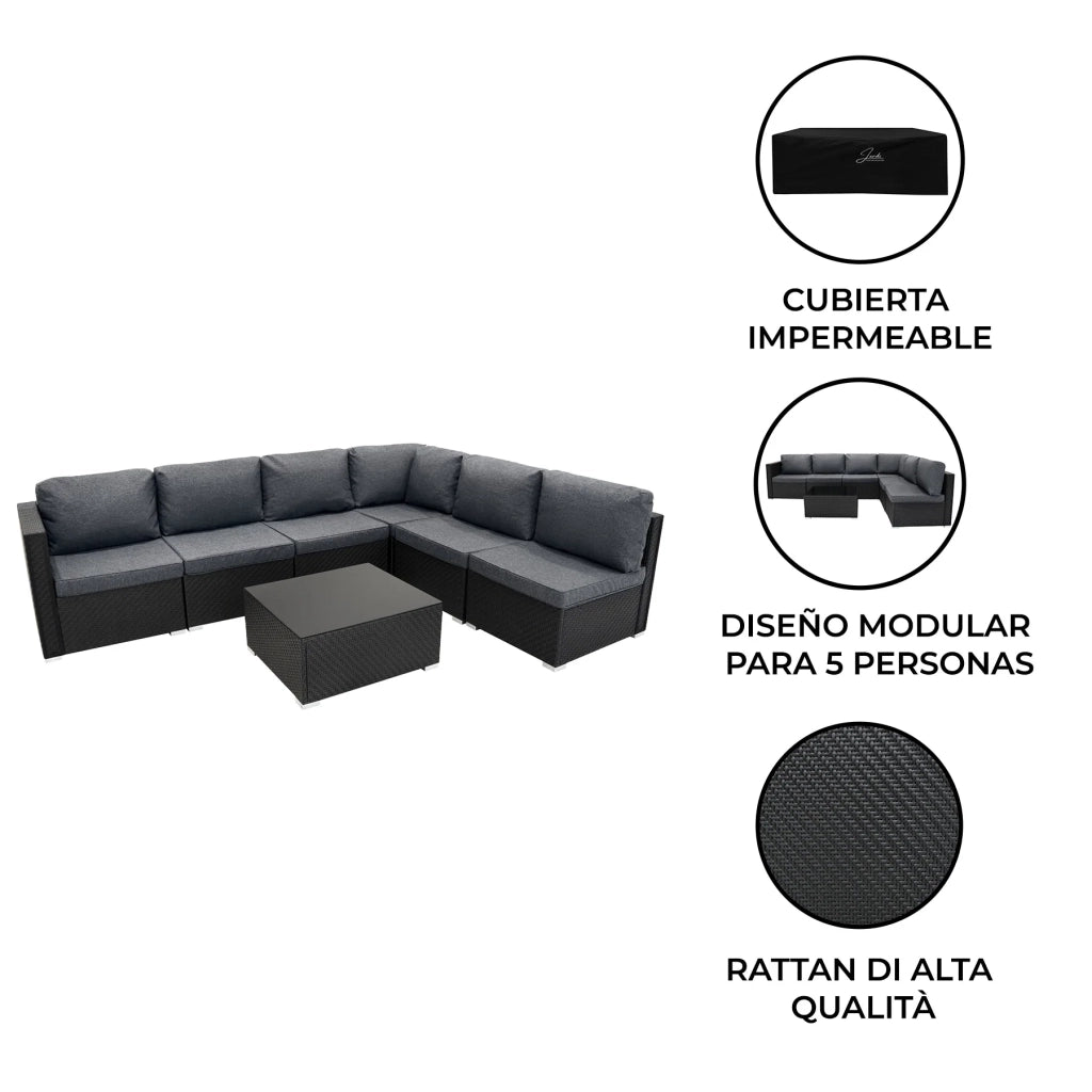 Set Divani Rattan Nero 7 Pezzi da Giardino con Cuscini e Tavolino