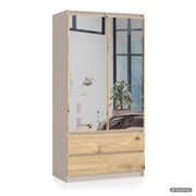 Armadio S90 con specchio integrato Cashmere 90 cm 2 ante 2 cassetti Colore dei frontali Rovere Artisan 4 ripiani 90x51x180 cm